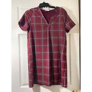 Entro‎ Womens Burgundy Plaid V-Neck Short Sleeve Shift Dress L